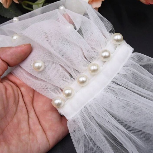 Bridal Pearl Tulle Shawl Cape | Sheer Off Shoulder Wedding Wrap | Romantic Veil - Picture 5 of 5